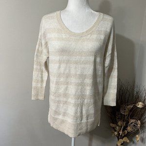 GAP CREAM & WHITE STRIPE ROUND NECK 3/4 SLEEVE COTTON BLEND SWEATER SZ S NEW